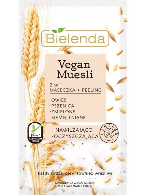 Bielenda VEGAN MUESLI Maseczka 2 w 1 nawilżające owies + pszenica + siemie lniane 8 g