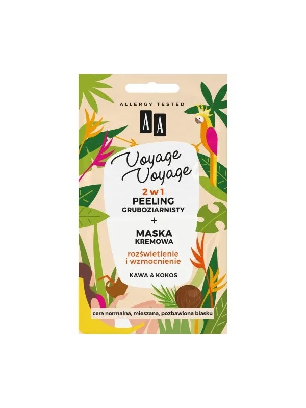 AA VOYAGE VOYAGE 2w1 Peeling gruboziarnisty + Maska kremowa Rozświetlenie i wzmocnienie Kawa & Kokos 2x5 ml