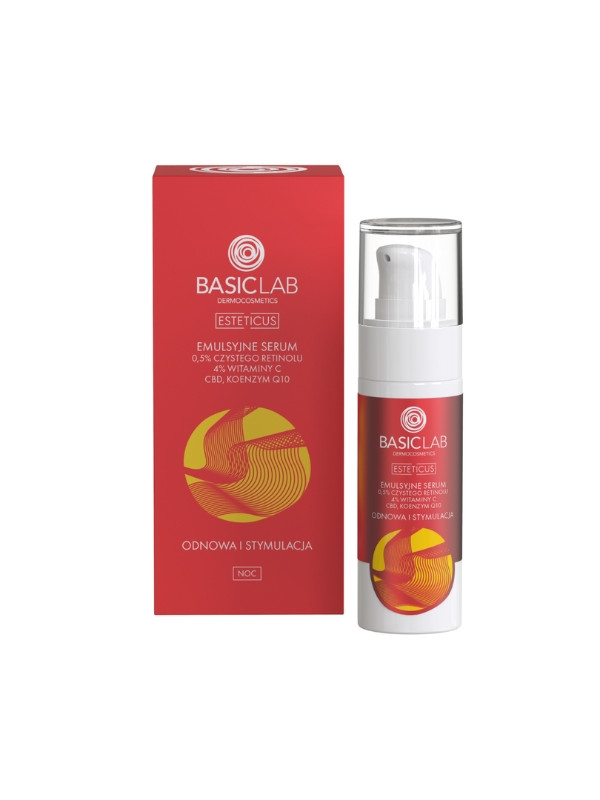 BasicLab Esteticus Emulsyjne Serum z 0,5% czystego Retinolu, 4% Witaminy C, CBD i Koenzymem Q10 30 ml