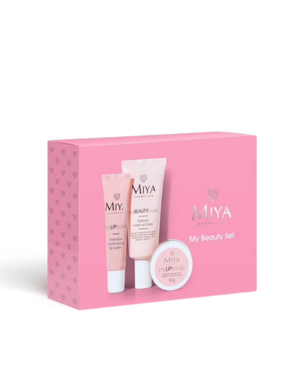 Miya Cosmetics Zestaw: Peeling do ust 10 g + Balsam do ust 15 ml + Baza pod makijaż 30 ml