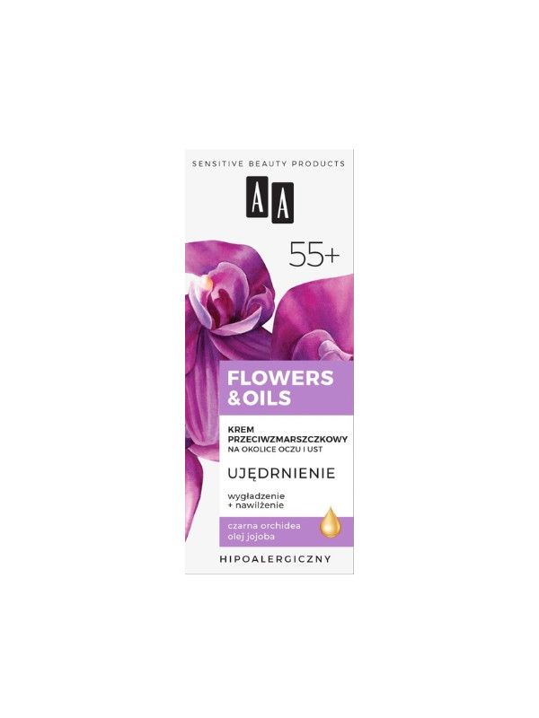 AA Flowers & Oils Ujędrnienie przeciwzmarszczkowy Krem na okolice oczu i ust 55+ 15 ml