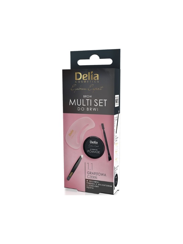 Delia Eyebrow Expert Multi Set do brwi Zestaw: Pęseta + 3 Szablony + Pomada z aplikatorem 1.1 Grafitowa Czerń