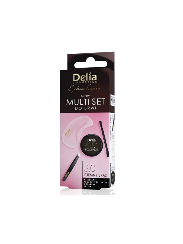 Delia Eyebrow Expert Multi Set do brwi Zestaw: Pęseta + 3 Szablony + Pomada z aplikatorem 3.0 Brąz