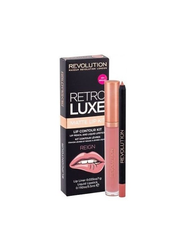 Makeup Revolution Retro Luxe Matte Kit Zestaw do makijażu ust Reign: Błyszczyk 5,5 ml + Kredka do ust 1 g