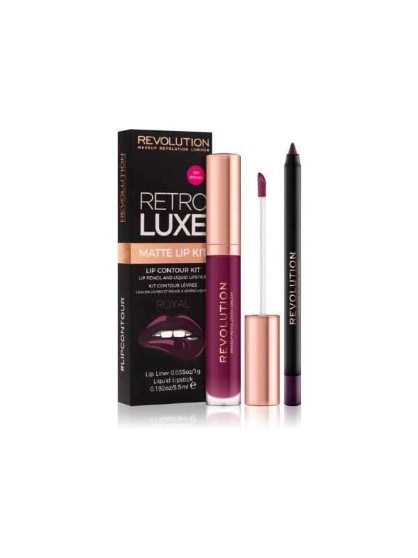 Makeup Revolution Retro Luxe Matte Kit Zestaw do makijażu ust Royal: Błyszczyk 5,5 ml + Kredka do ust 1 g