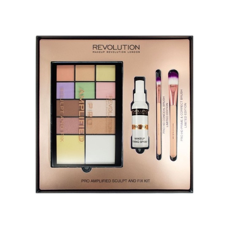 Подарунковий набір Makeup Revolution Amplified Sculpt and Fix Kit: 12 палеток тіней для повік, фіксатор макіяжу та пензлики для 
