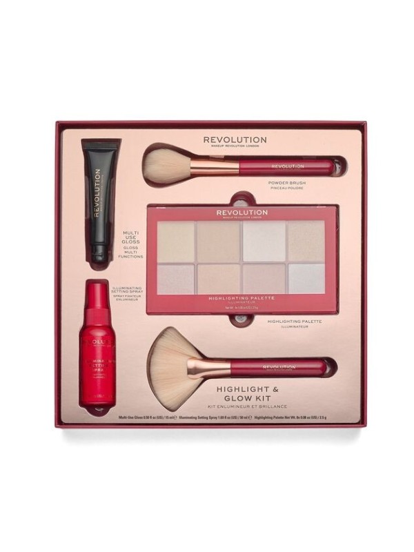 Makeup Revolution Zestaw prezentowy Highlight Glow Kit: Paletka 8 rozświetlaczy, Spray utrwalający, Błyszczyk i 2 Pędzle do maki