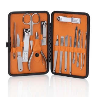 Set of 15 cosmetic accessories for manicure , pedicure and facial treatments in a Black and Brown case